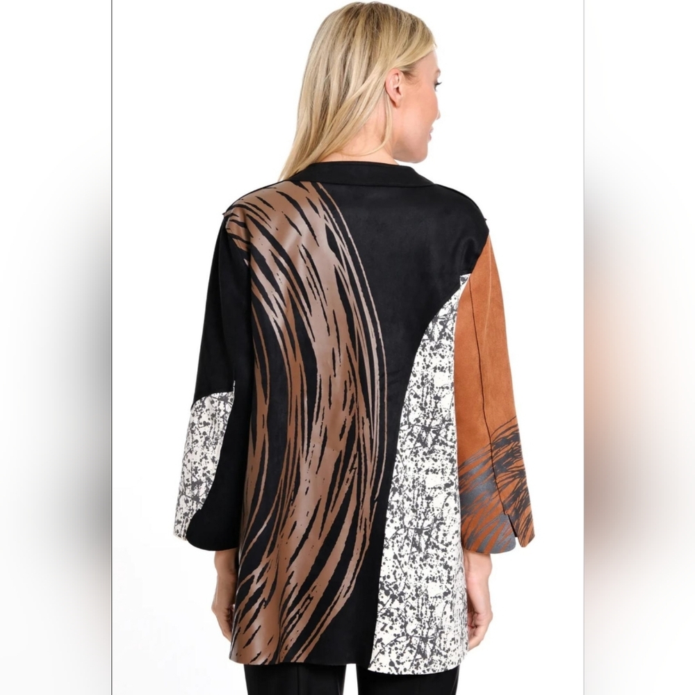 Ali Miles Knit Faux Suede Printed Jacket Size Large Patch Pockets Button Boho - Picture 2 of 15